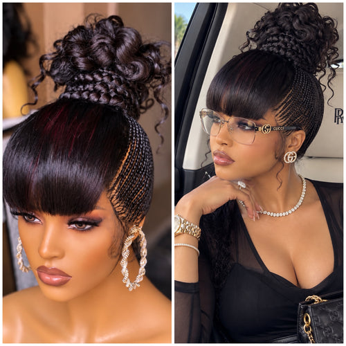 Amara Braided High-Bun Ponytail Wig with Bangs