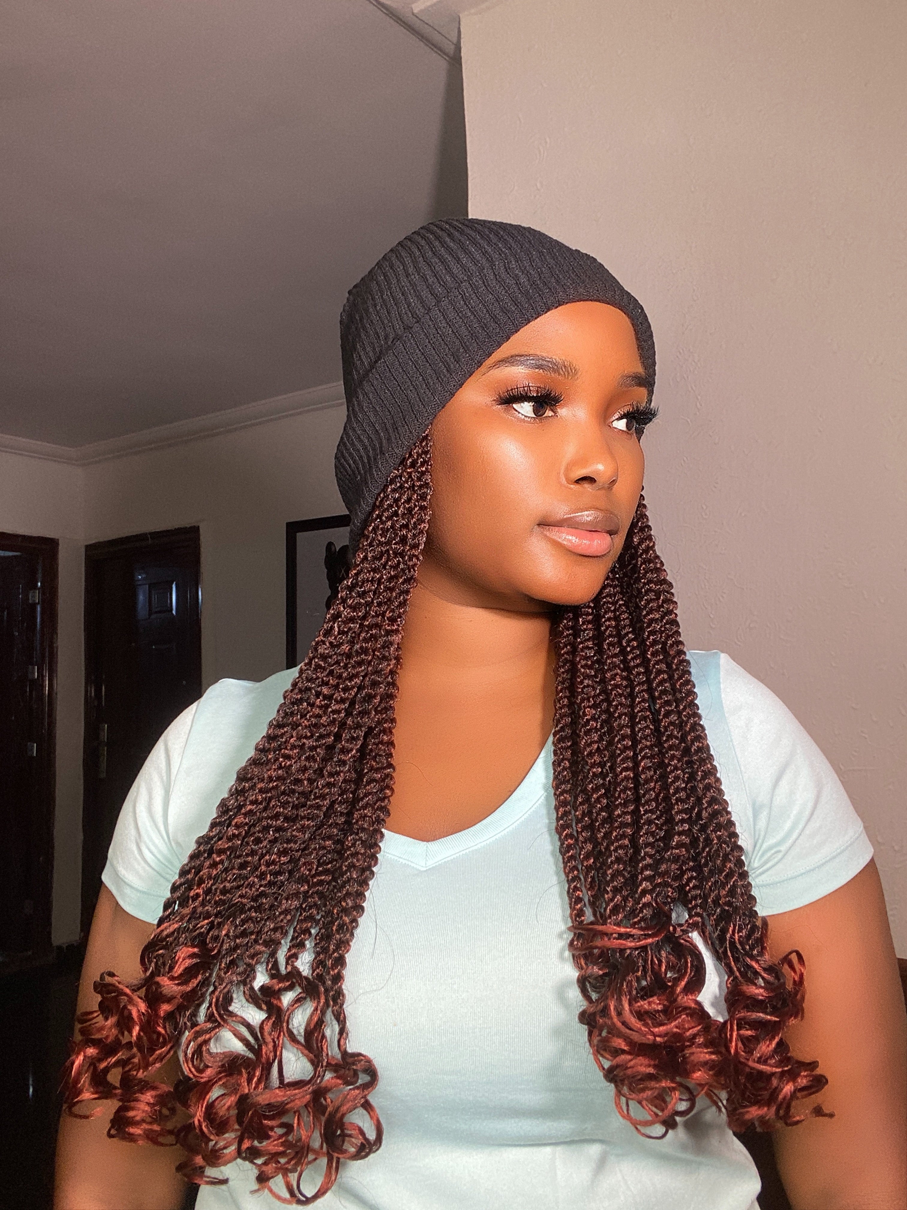Braided Wig Hat – Burgundy Brown Twist Wig with Knit Cap | Long Curly Ends