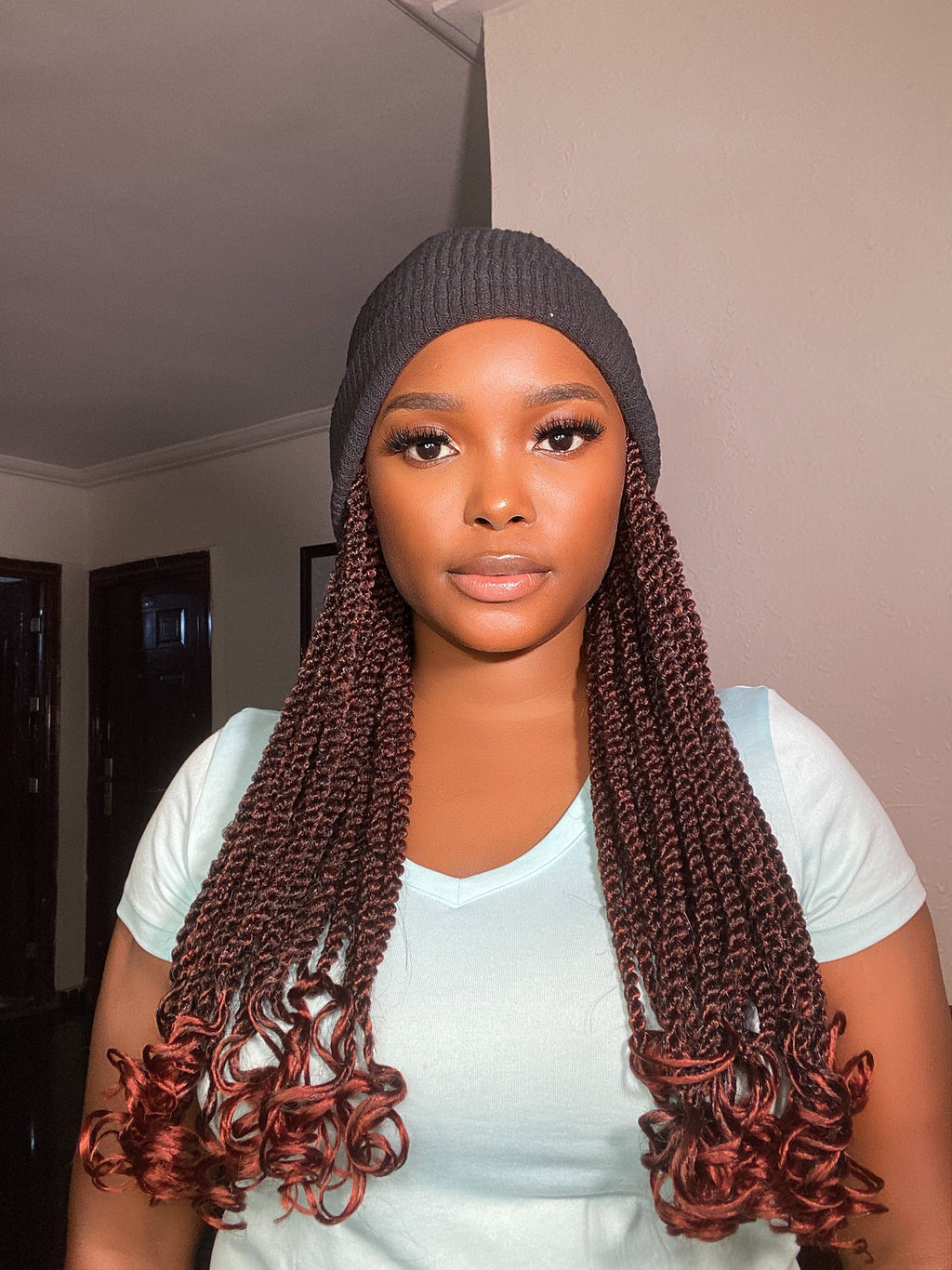 Braided Wig Hat – Burgundy Brown Twist Wig with Knit Cap | Long Curly Ends