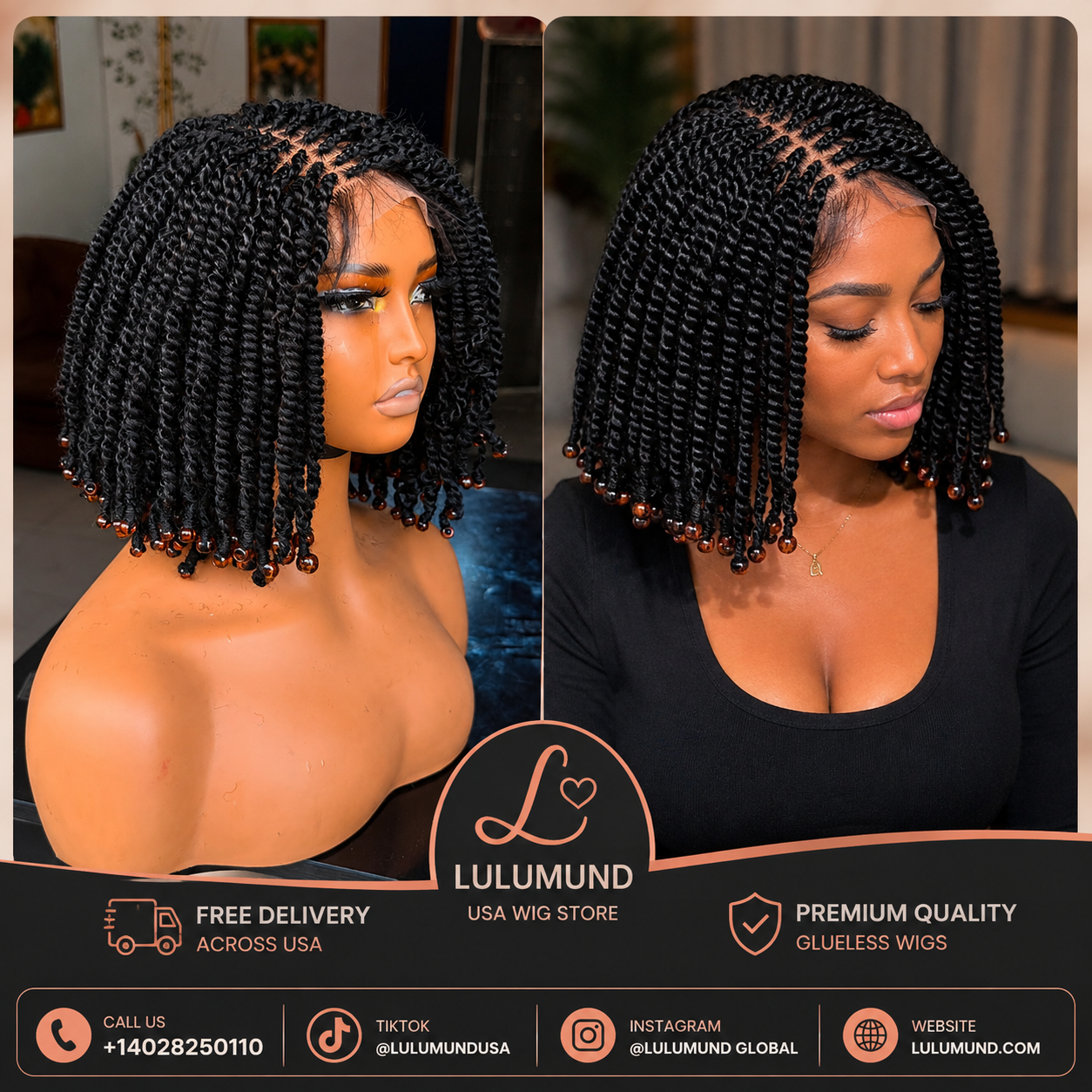Glueless Kinky Beaded Bob