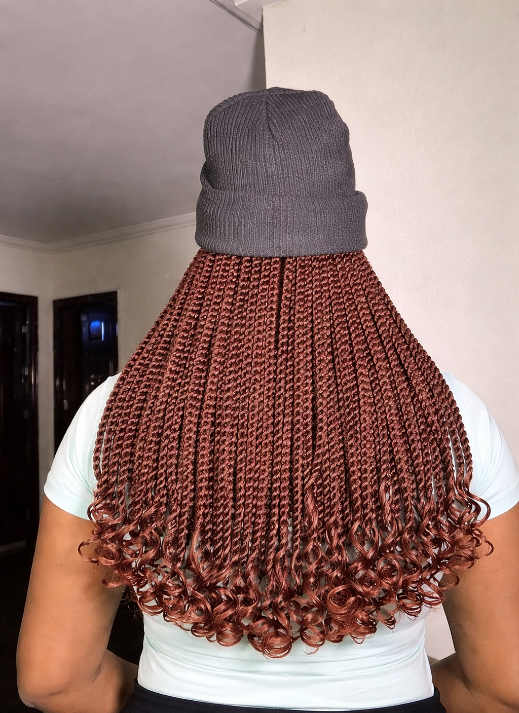 Braided Wig Hat – Burgundy Brown Twist Wig with Knit Cap | Long Curly Ends