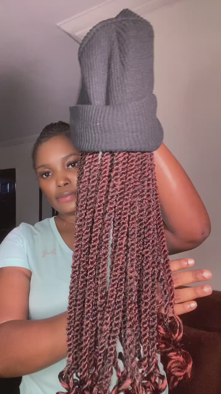 Braided Wig Hat – Burgundy Brown Twist Wig with Knit Cap | Long Curly Ends